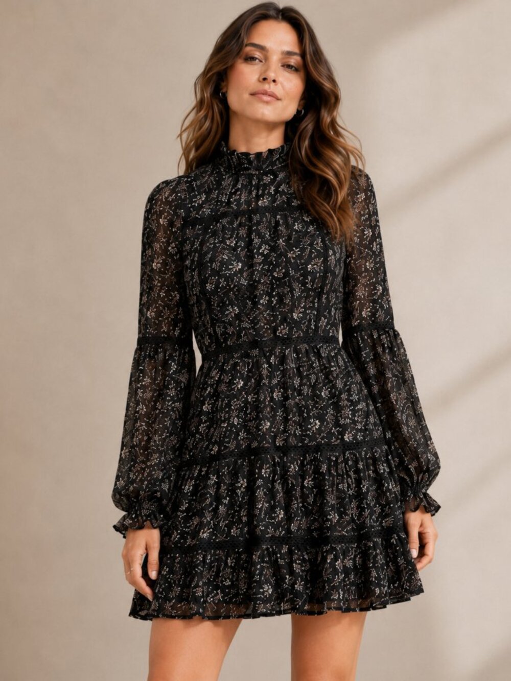 NWT AQUA Floral Metallic Tiered Mini Dress Size S Black Ditsy Crochet